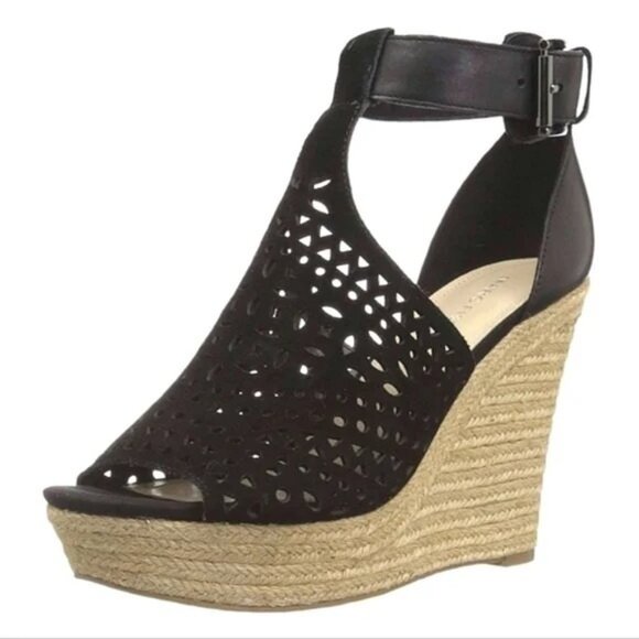 Marc Fisher Black Suede T-Strap Wedge Sandals - Picture 1 of 8